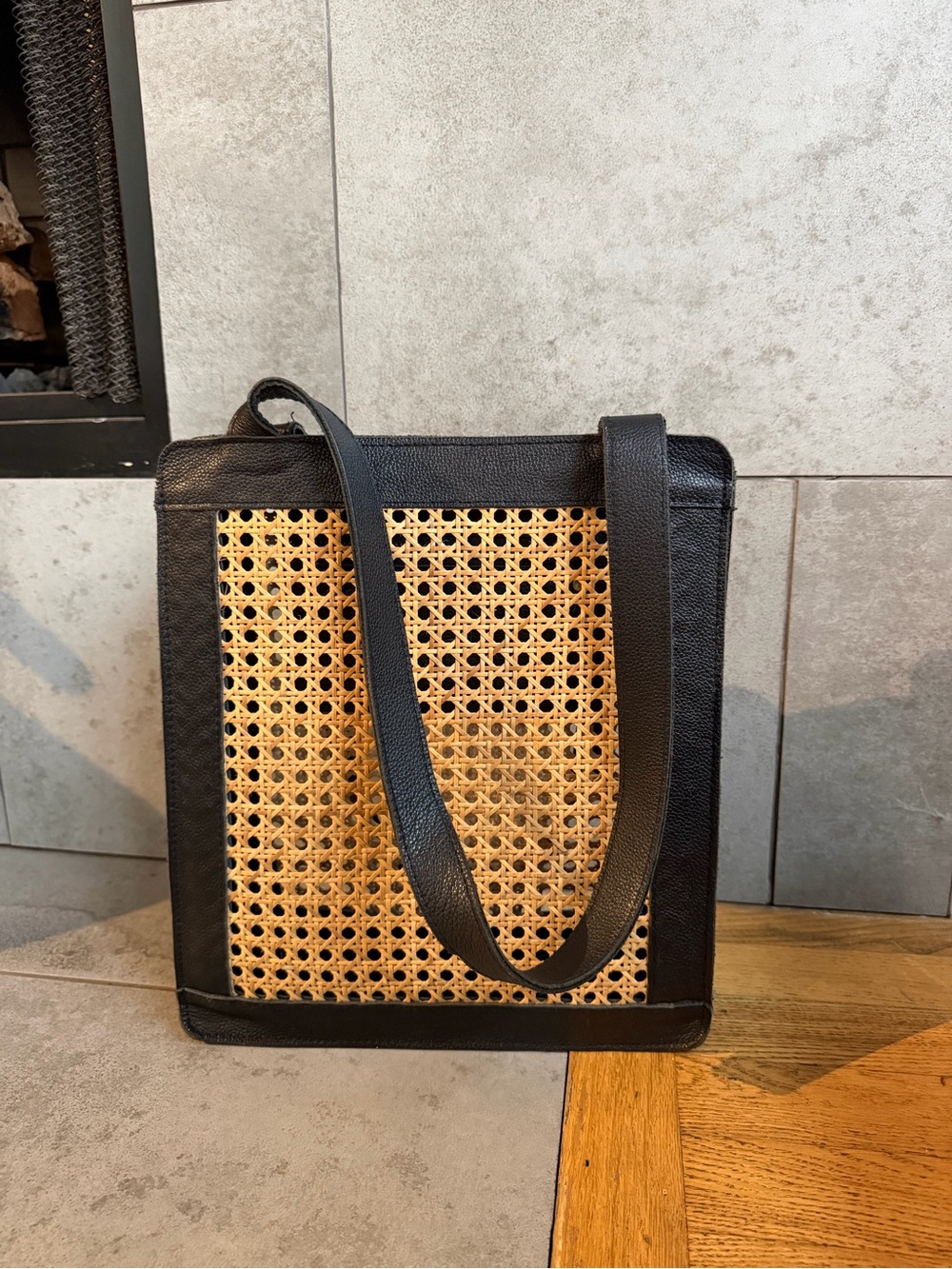 Black leather and rattan shoulder bag